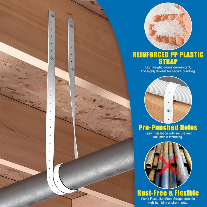 Fyrique Plastic Hanger Strap 3/4 Inch x 30 FT Reinforced Flexible Hanger Strap for Pipe & Ducts Securing in Plumbing & HVAC, White - Image 3